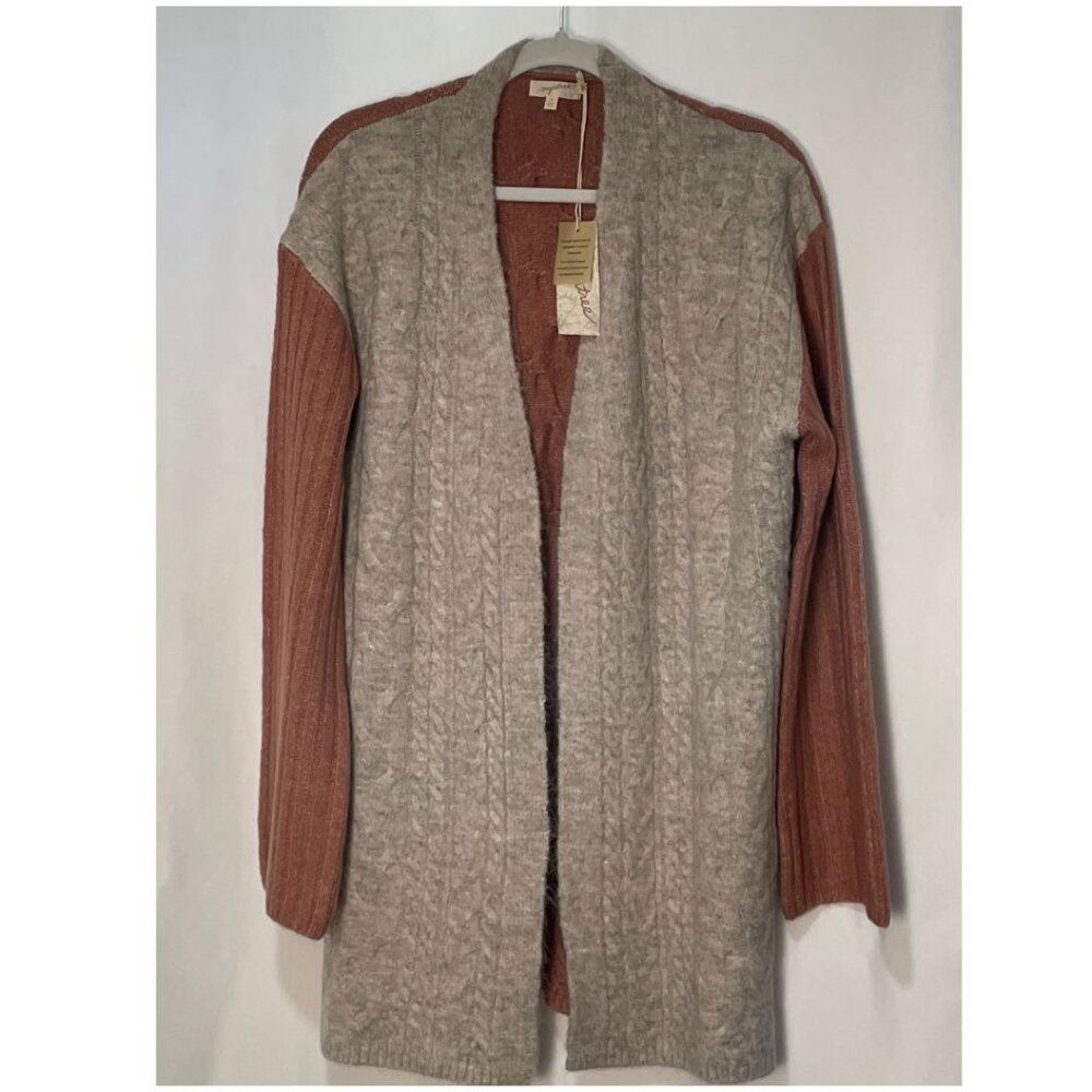 MYSTREE Tan/Mauve Color Block Open Cable Knit Cardigan Sweater Women M NWT